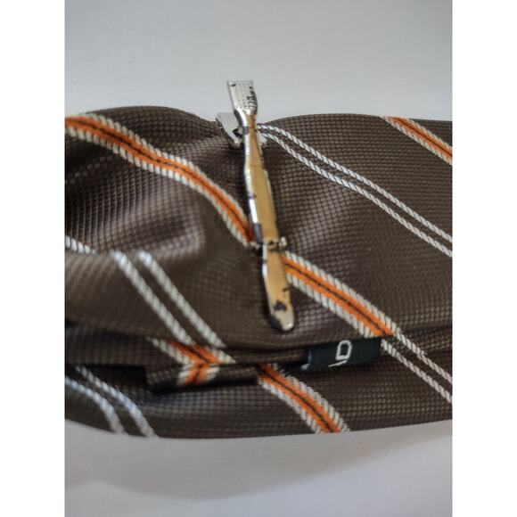 Adrienne Vittadini Tie Brown, Diagonal Orange Stripes With Tie Clip Fall Colors - Picture 6 of 10